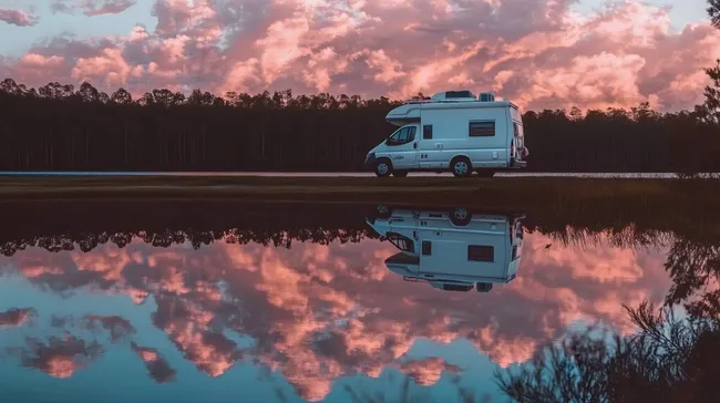 Wohnmobil am See mit spiegelnder Wasserfläche und orangefarbenem Abendhimmel