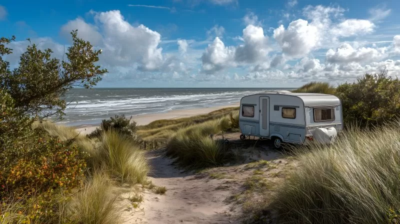 Wohnmobil am Strand von Holland bei sonnigem Wetter