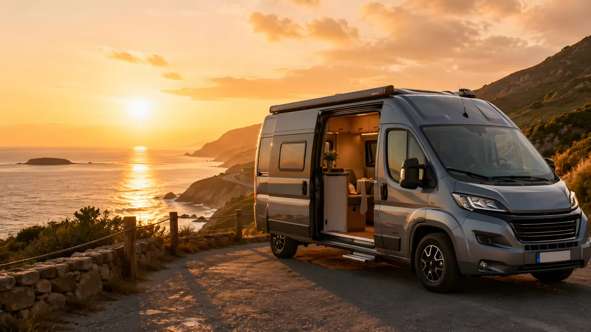 Wohnmobil an Küstenstraße bei goldenem Sonnenuntergang
