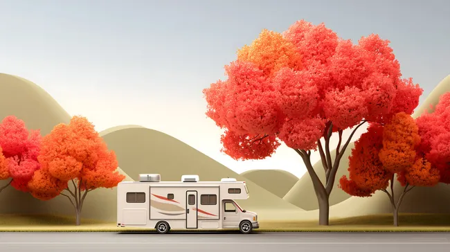 Wohnmobil auf Bergstraße mit herbstlichen Bäumen