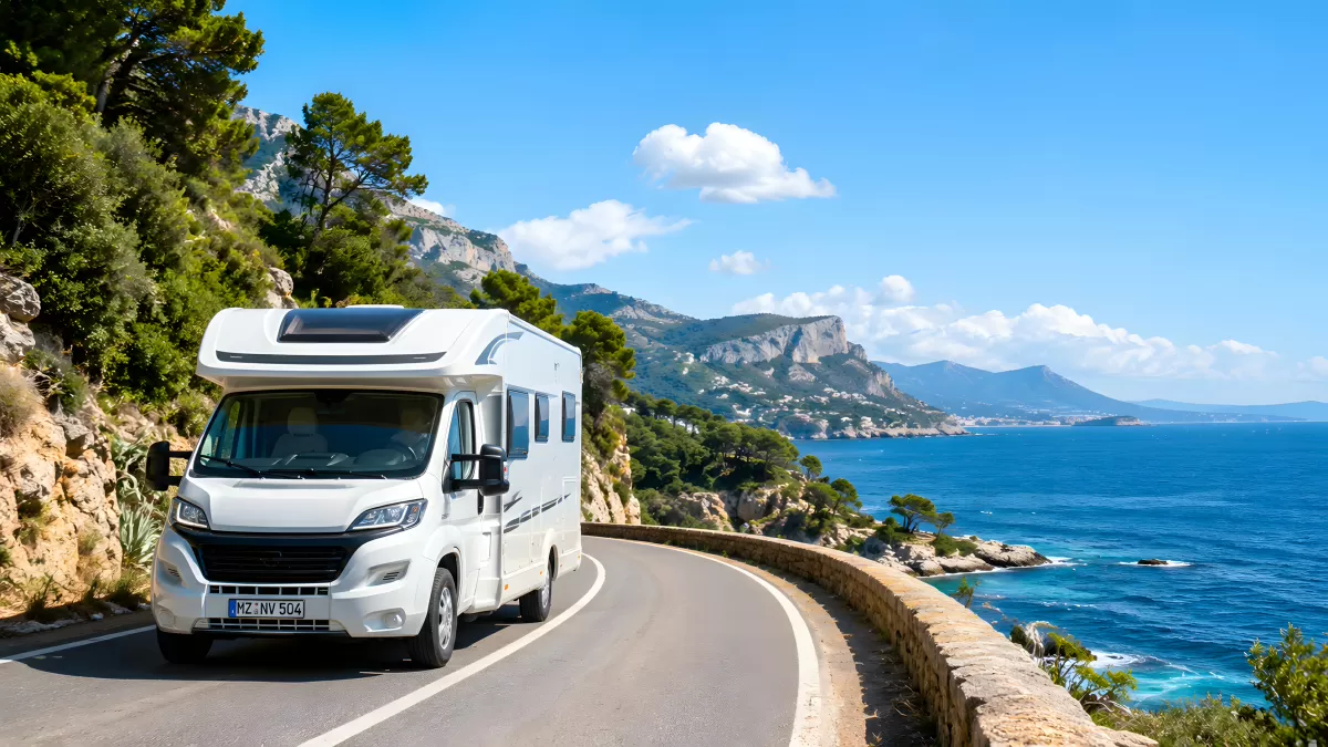 Wohnmobil auf Küstenstraße mit Meerblick im Sommer