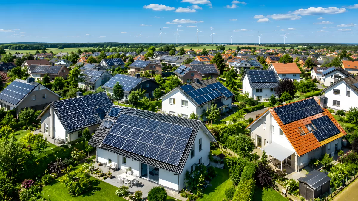 Wohnsiedlung mit Solaranlagen und Windrädern in Deutschland — Bild kostenlos herunterladen