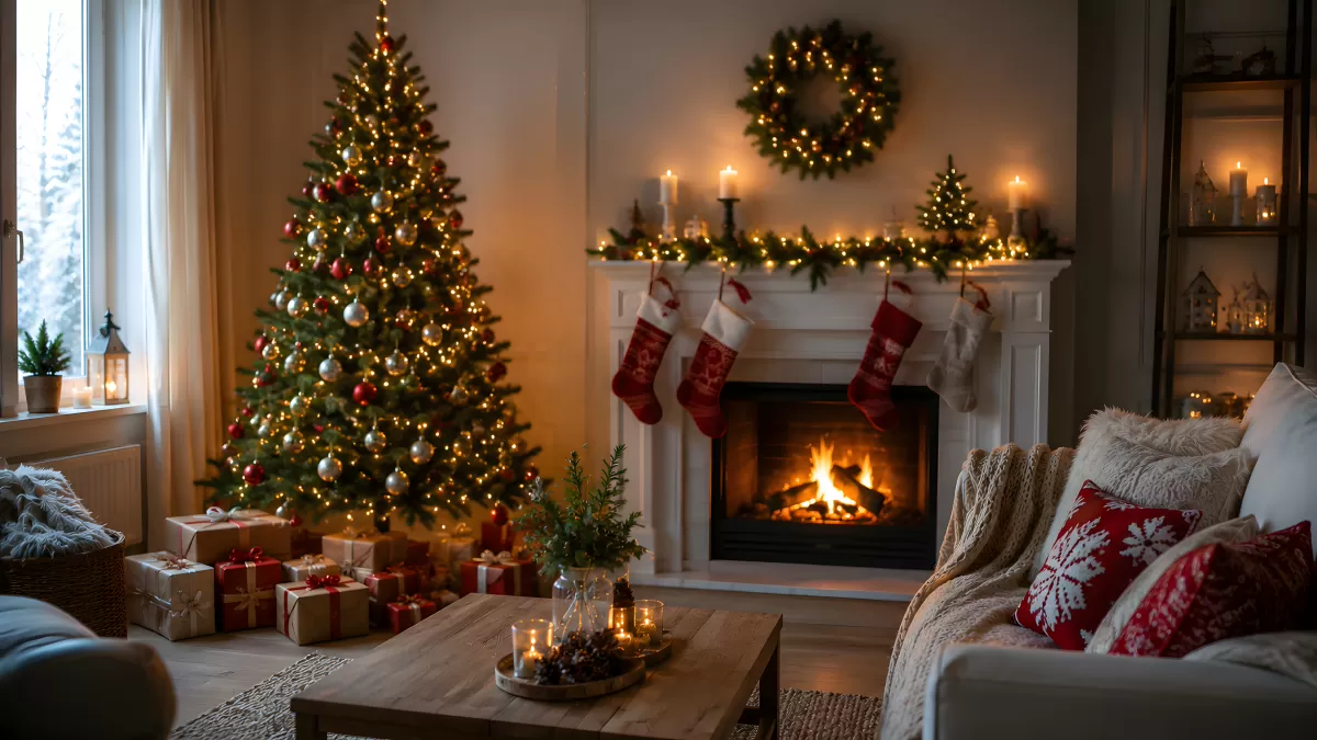Wohnzimmer mit Kamin und festlichem Weihnachtsbaum