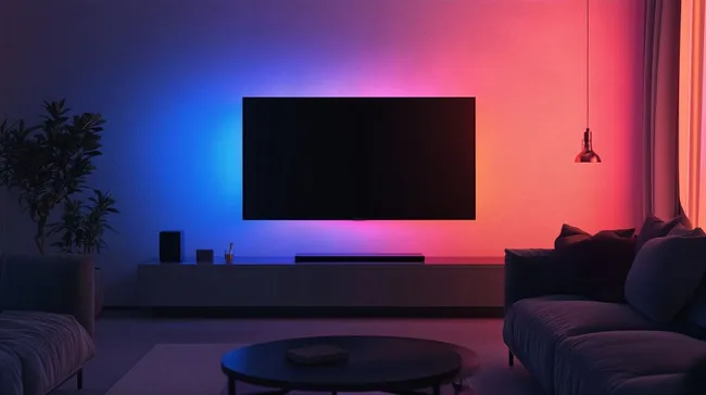 Wohnzimmer mit Smart-TV und farbiger LED-Beleuchtung