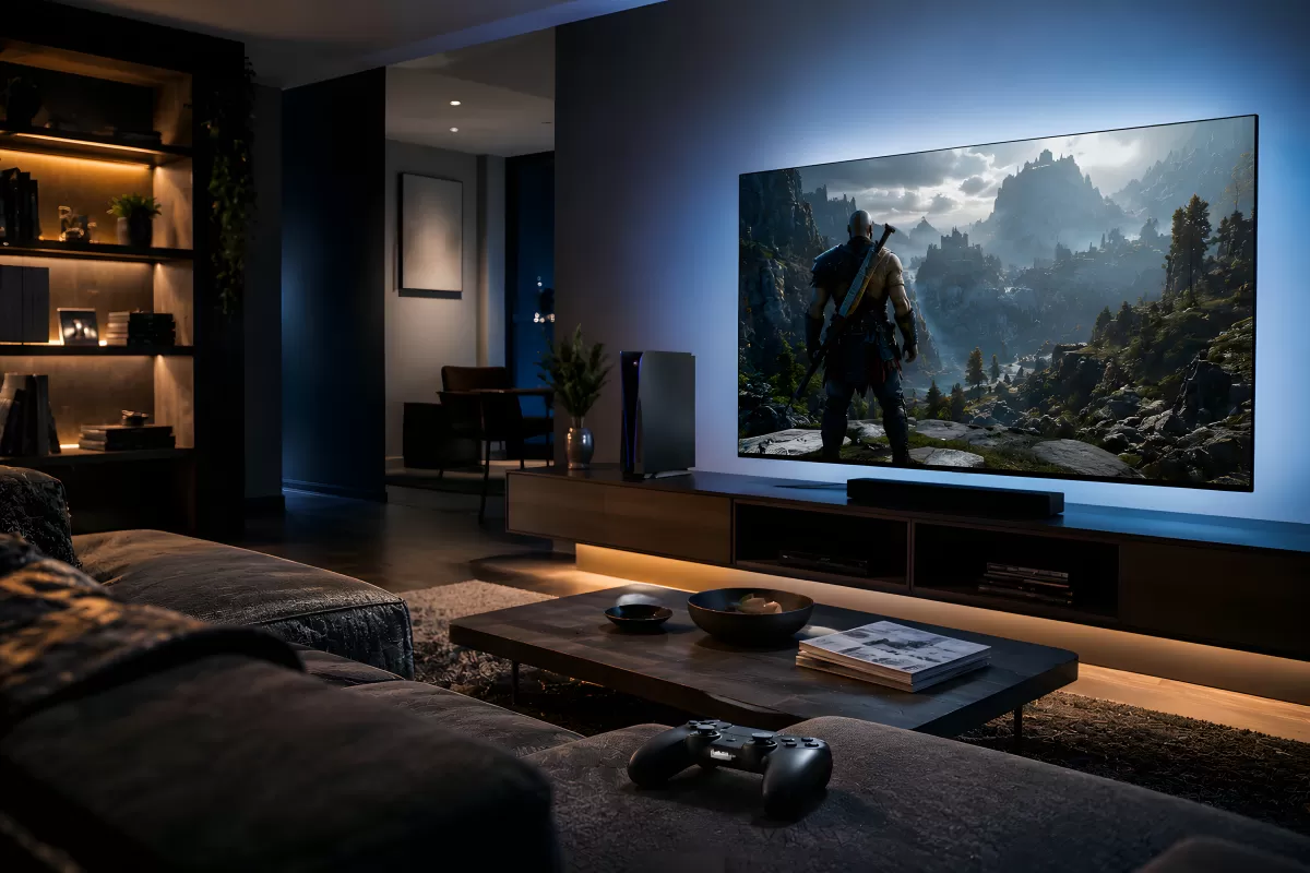 Wohnzimmer mit Spielkonsole und großem TV-Bildschirm