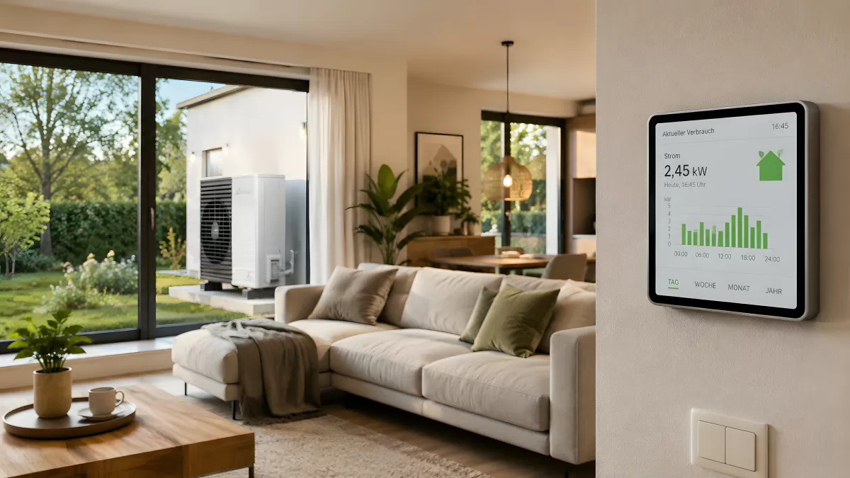 Wohnzimmer mit Wärmepumpe und Energieverbrauch-Display