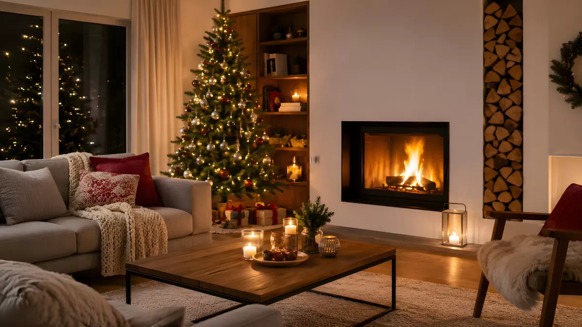 Wohnzimmer mit Weihnachtsbaum und Kamin im Advent
