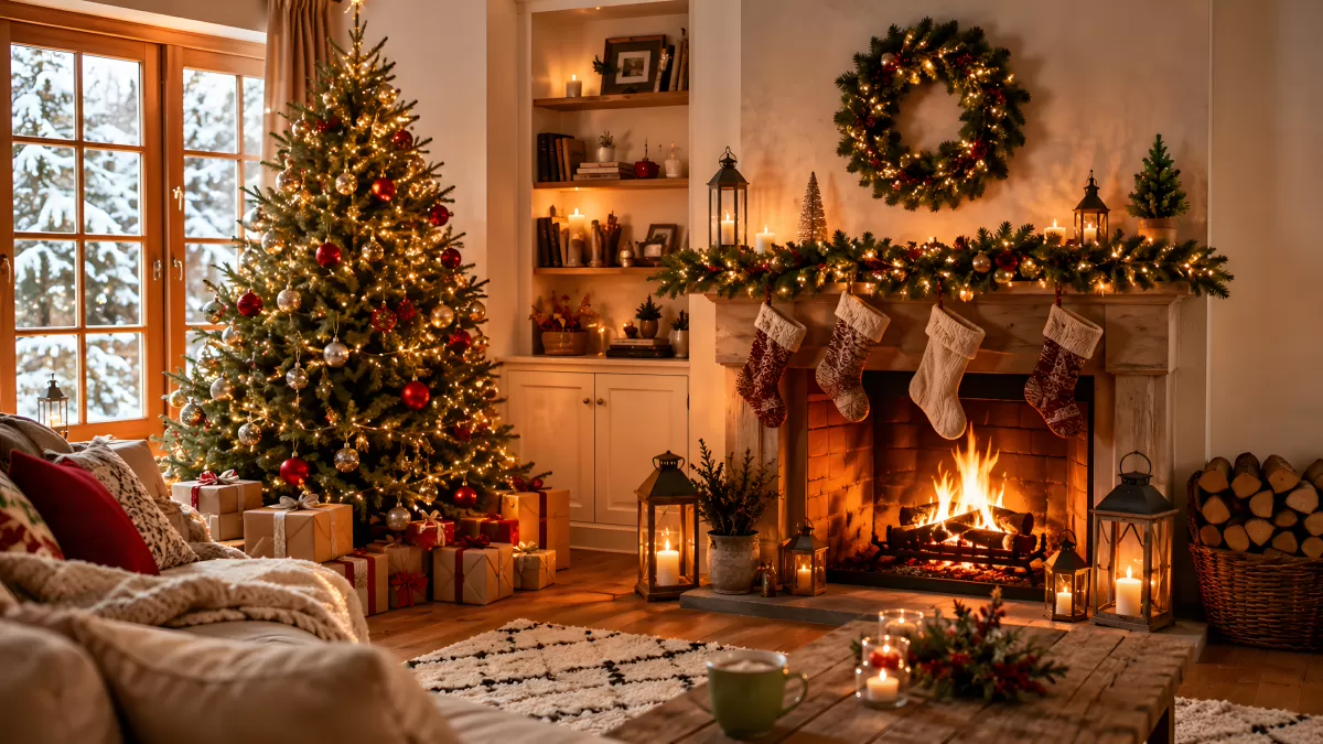 Wohnzimmer mit Weihnachtsbaum und Kamin im Winter