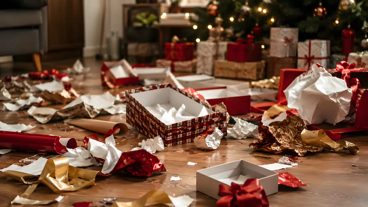 Wohnzimmer nach dem Auspacken von Weihnachtsgeschenken