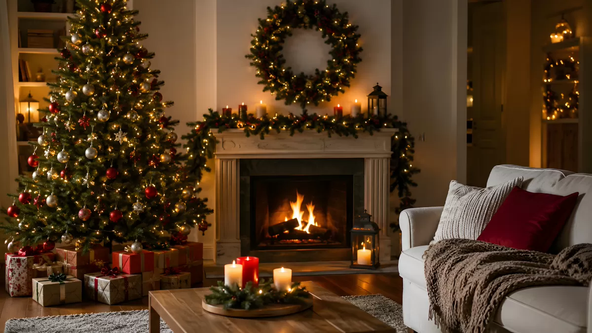 Wohnzimmer weihnachtlich dekoriert mit Kamin und Tannenbaum