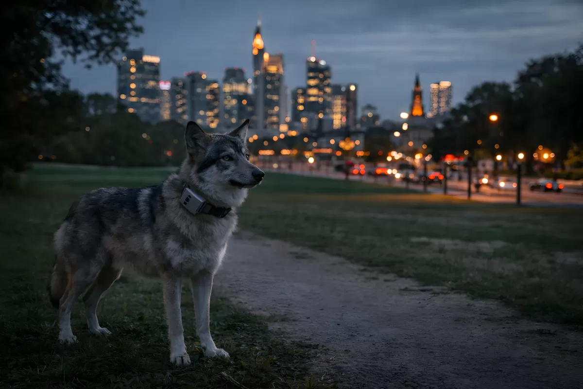 Wolf mit Sender in der Großstadt
