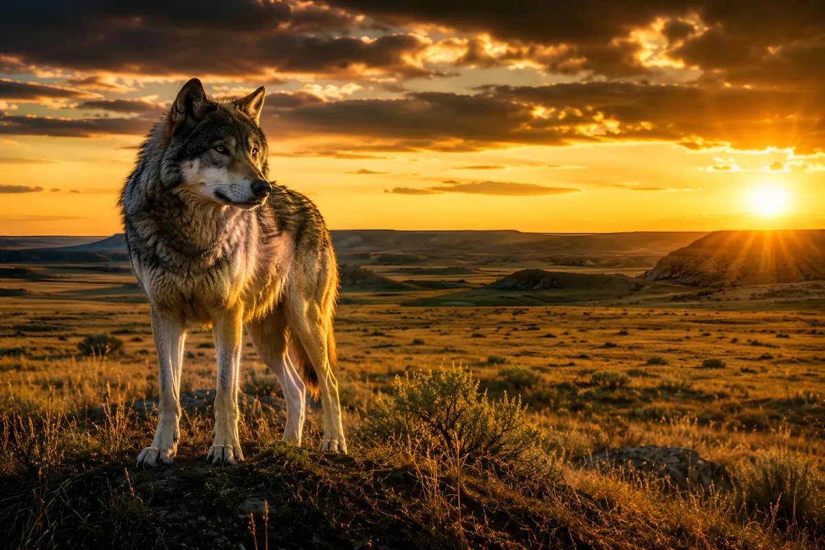 Wolf steht majestätisch bei goldenem Sonnenuntergang