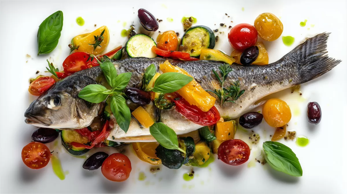 Wolfsbarsch Loup de mer vom Blech mit Gemüse