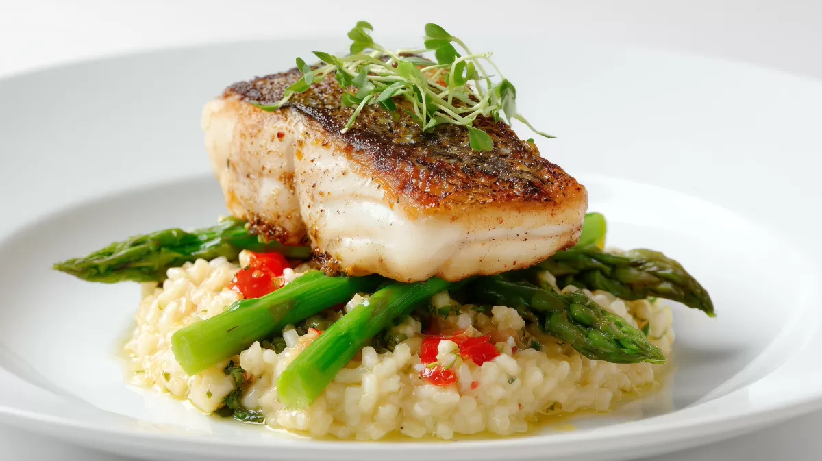 Wolfsbarsch mit Spargel Risotto photorealistisch angerichtet