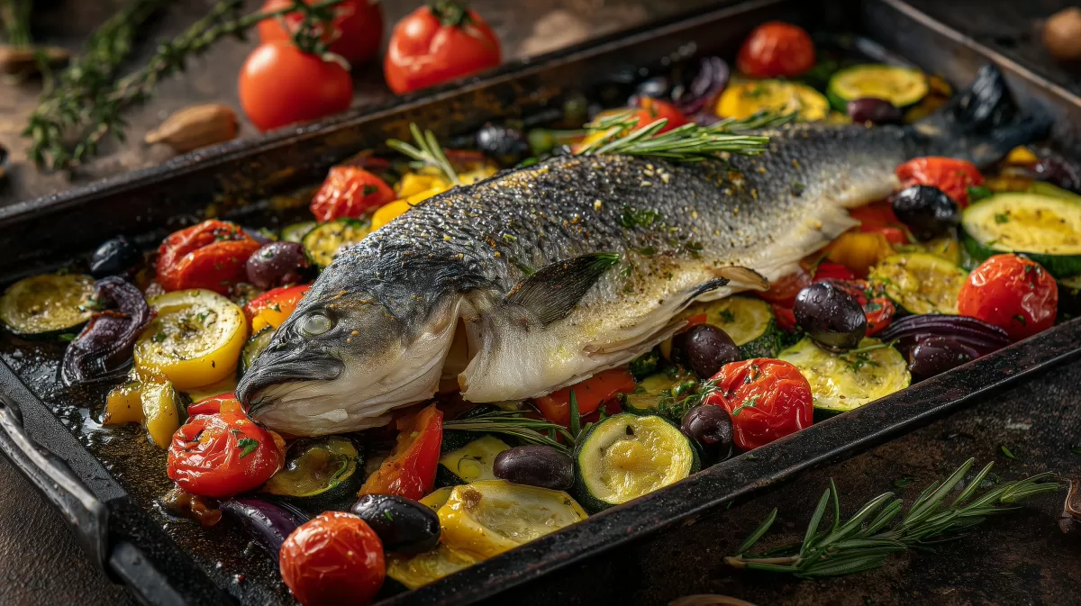 Wolfsbarsch vom Blech mit buntem Gemüse
