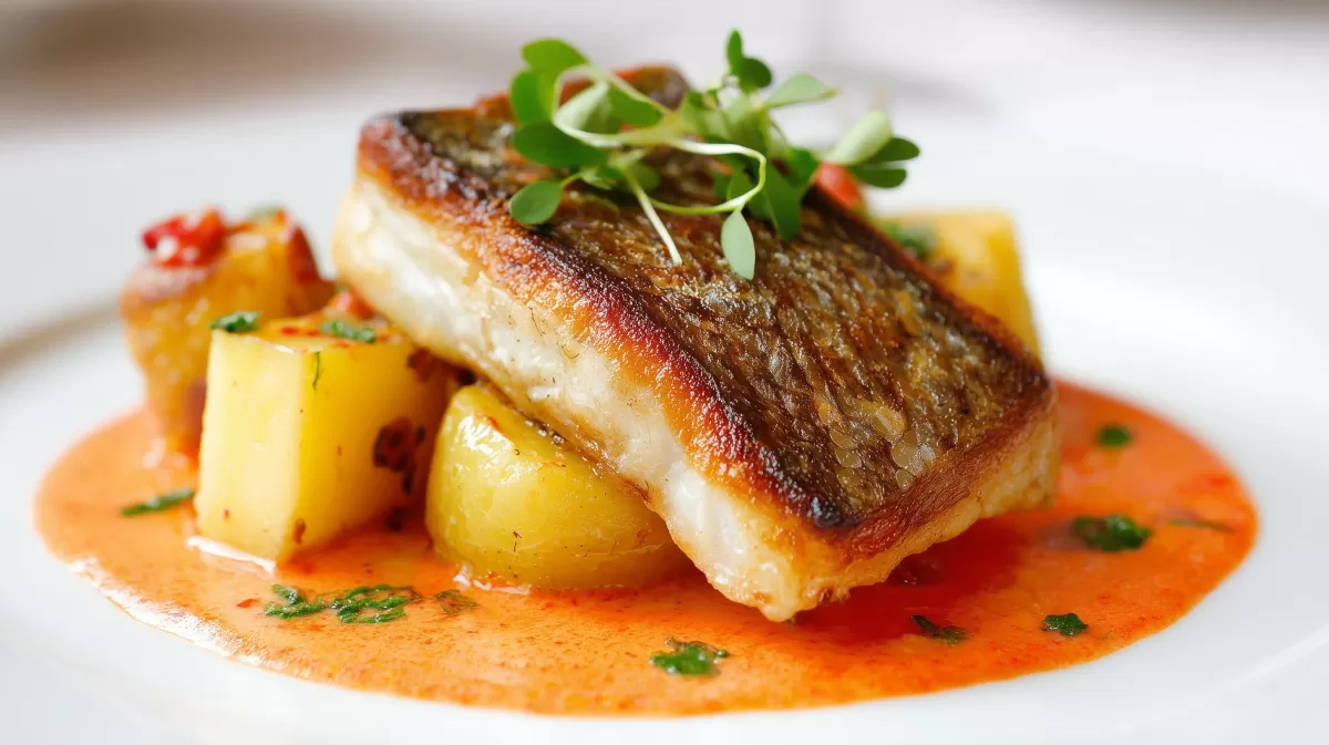 Wolfsbarschfilet auf der Haut gebraten mit Paprikasauce
