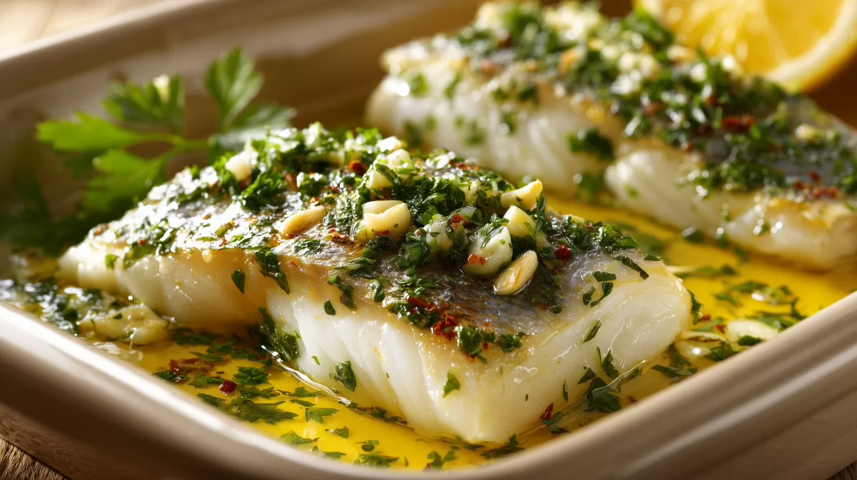 Wolfsbarschfilet aus dem Ofen mit Knoblauch und Petersilie