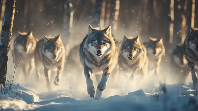 Wolfsfamilie im verschneiten Wald