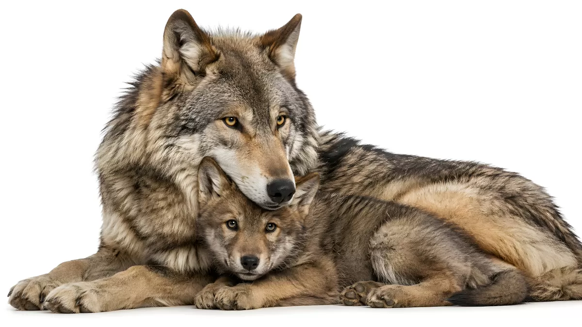 Wolfsmutter mit Welpen in zärtlicher Umarmung