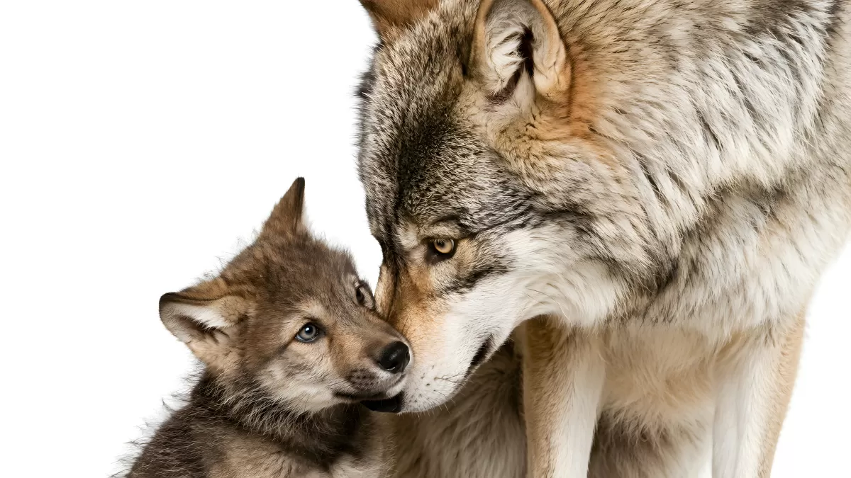 Wolfsmutter mit Welpen – zärtlicher Moment