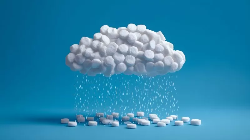 Wolke aus Wattepads mit herabfallenden Wattestäbchen auf blauem Hintergrund