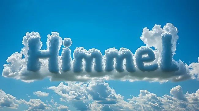 Wolkenformationen formen das Wort 'Himmel' am blauen Himmel