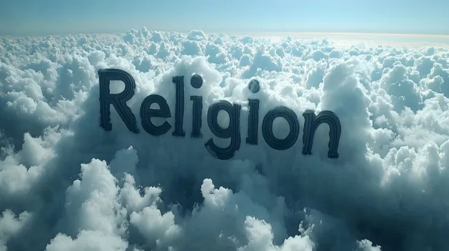 Wolkige Himmelskonstruktion mit Religion-Schriftzug