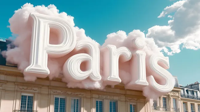 Wolkiger Schriftzug über klassischer Pariser Architektur