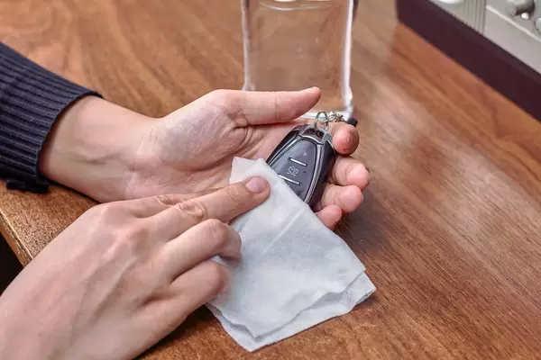 Woman disinfecting car remote controller with a wet wipe