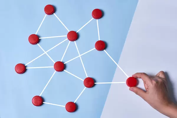 Woman hands choosing a red plastic with franchise marketing system in global network connection