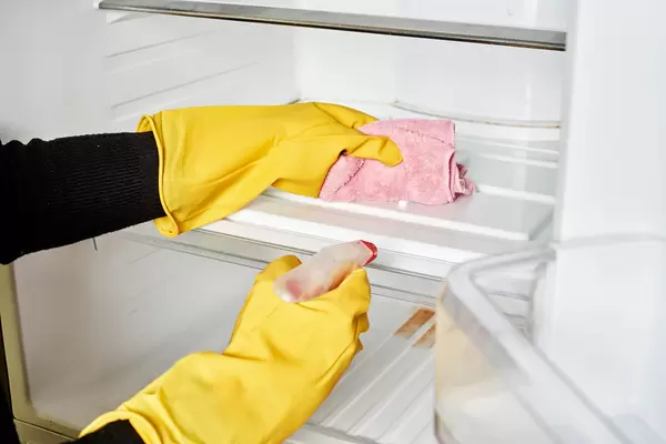Woman in protective gloves cleaning refrigerator