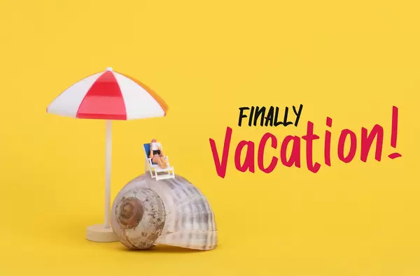 Woman sitting on top of the sea shell and Finally Vacation text