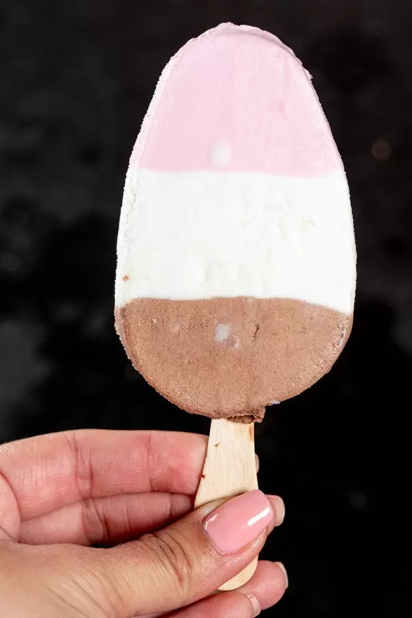 Woman's hand holding strawberry-vanilla-chocolate ice cream on a stick