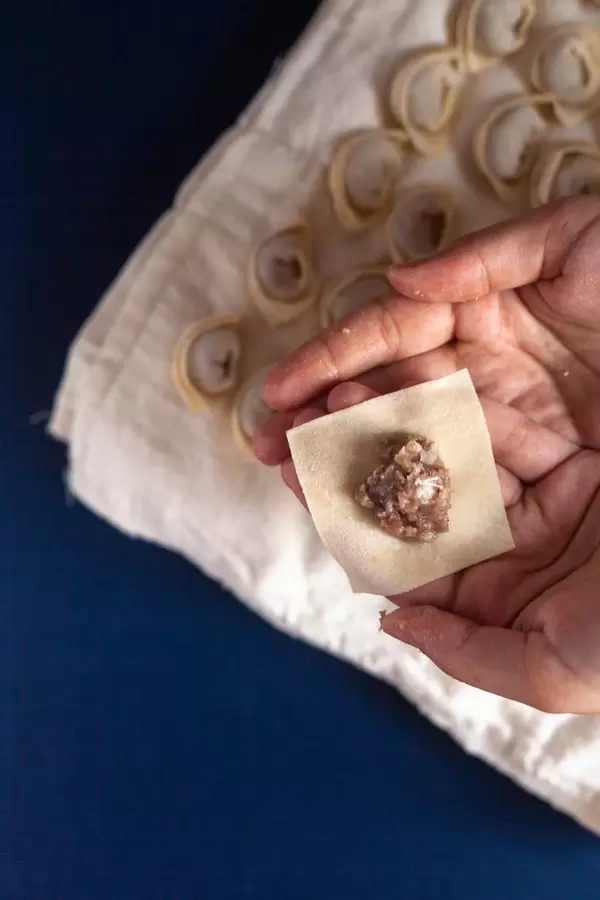 Woman's hand preparing dumplings. A preparation process of half-finished products. Preparation to boil the dumplings.