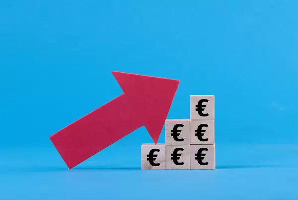 Wooden blocks with Euro symbol and up arrow