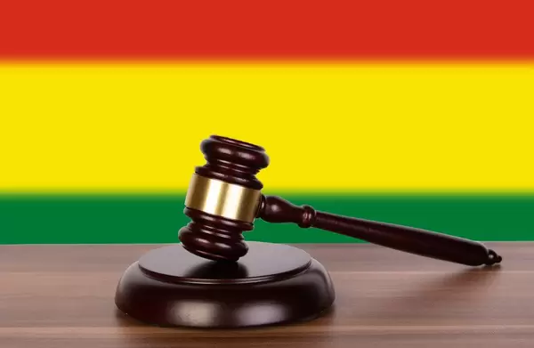 Wooden gavel and flag of Bolivia