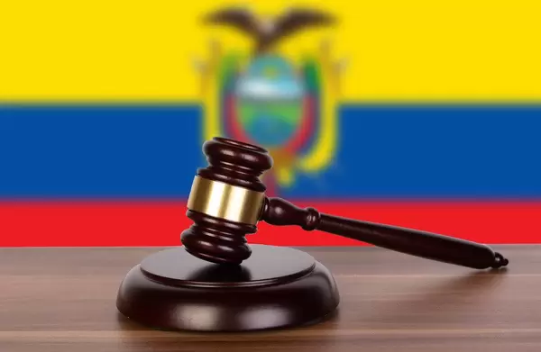 Wooden gavel and flag of Ecuador