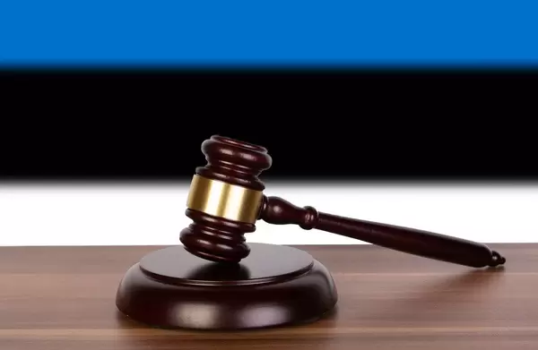 Wooden gavel and flag of Estonia