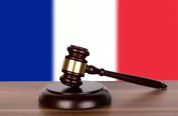 Wooden gavel and flag of France