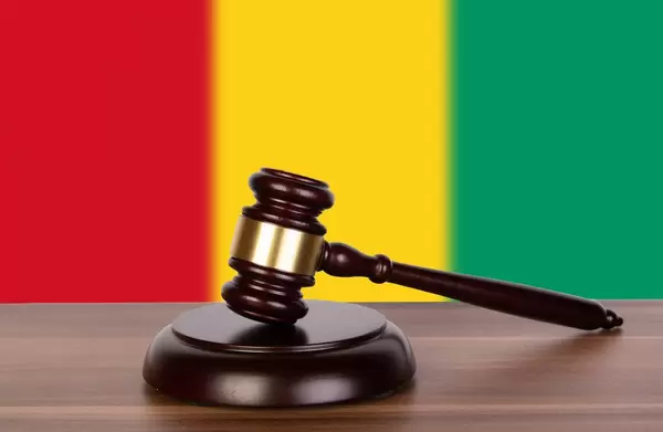 Wooden gavel and flag of Guinea