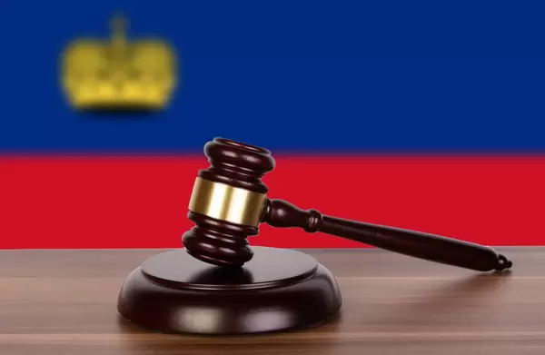 Wooden gavel and flag of Liechtenstein