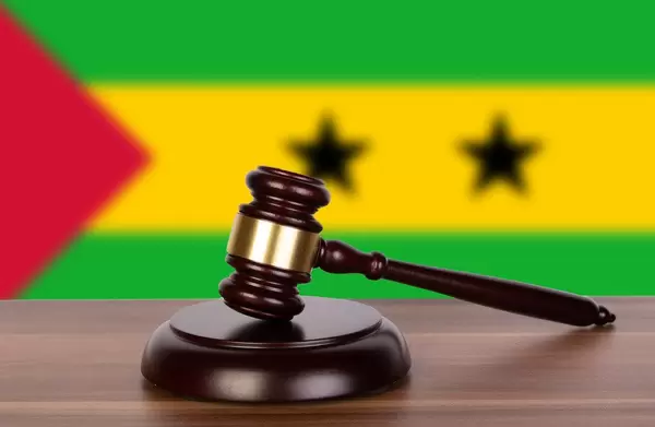 Wooden gavel and flag of Sao Tome and Principe