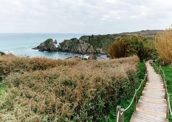 Wooden plank path leading down to a rocky beach  Flip 2019