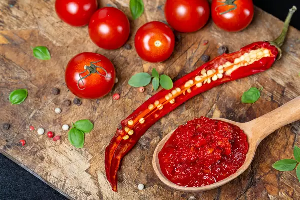 Wooden spoon with hot sauce on an old kitchen board with fresh cherry tomatoes and chili peppers