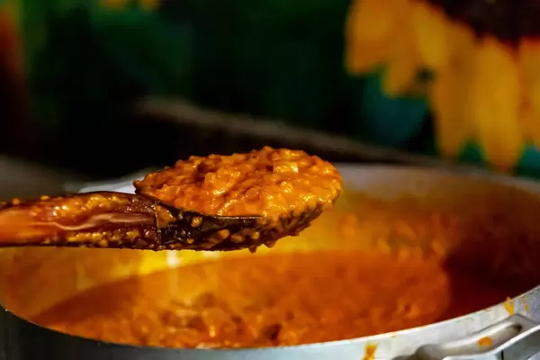 Wooden spoon with vegetable paste. Zucchini stew