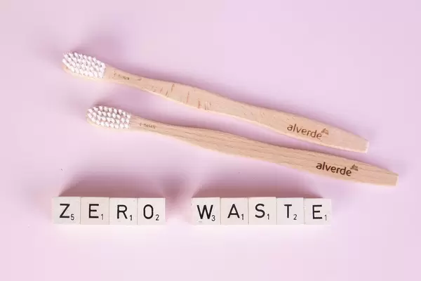 Wooden toothbrushes with zero waste text