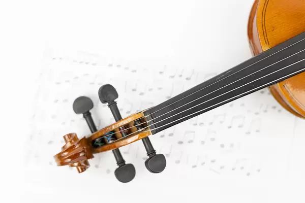 Wooden Violin Neck with Notes on the sheet music and copy space