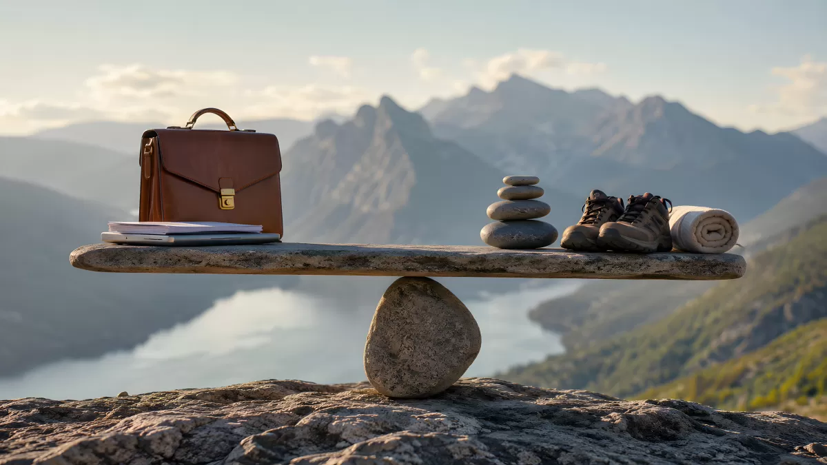 Work-Life-Balance auf Steinwaage vor Bergpanorama