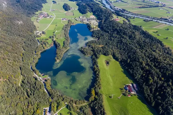 World of lakes: bird's eye view of the Kramsach plateau in Tyrol, extremely rich in waters