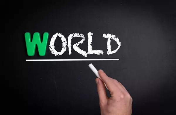 World text on blackboard